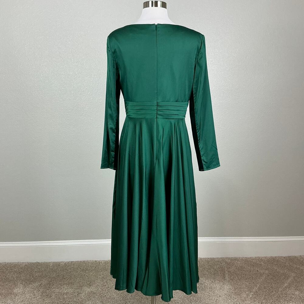 Mac Duggal 67527 Green Cocktail Dress Satin Long Sleeve Fit & Flare Midi Size 14 - Picture 7 of 12